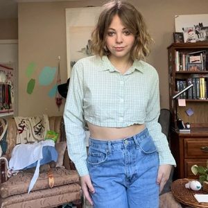 Green and white cropped button up